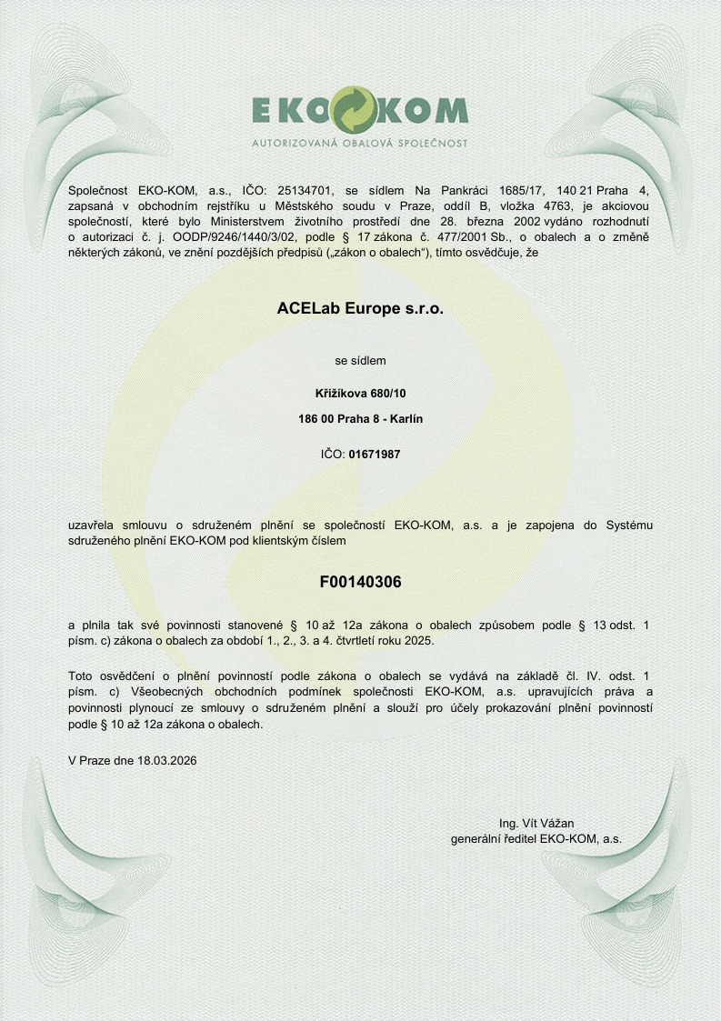 EKO-KOM certificate confirming that ACELab Europe s.r.o. fulfilled its obligations under the Czech Packaging Act for Q1 to Q4 2025, issued in Prague on 2026-03-18.